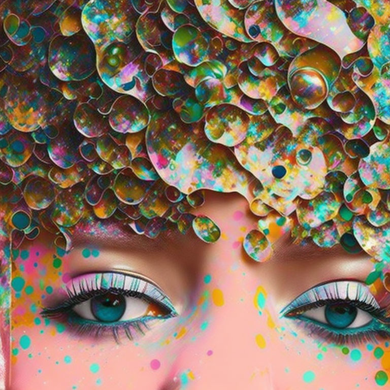 Vibrant image of eyes, nose, and bubble-like hair with paint splashes.