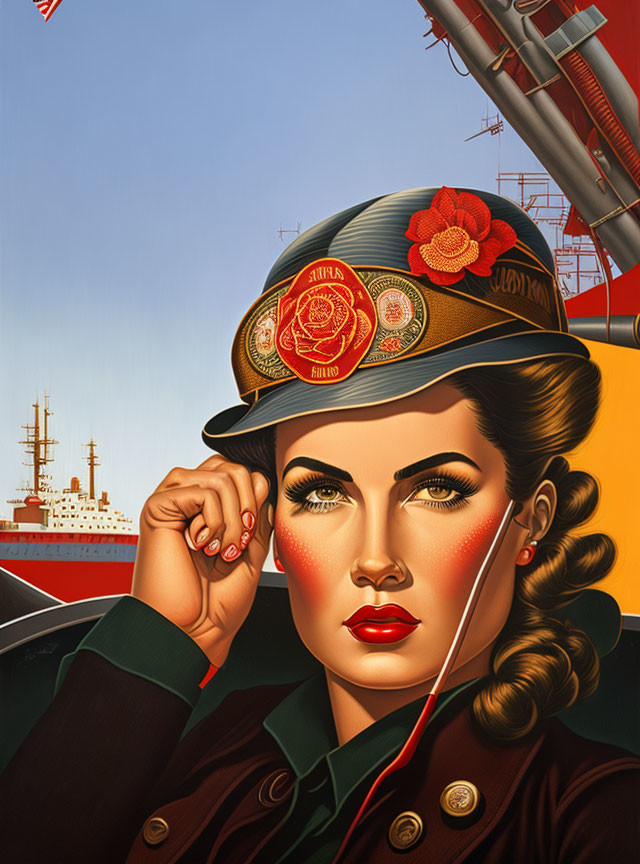 Stylized illustration of a confident woman with glossy red lips and wavy hair wearing a military-style