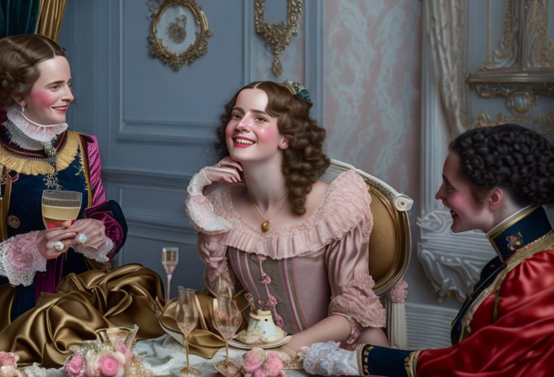 Three people in historical clothing laughing around a table with teacups and roses.