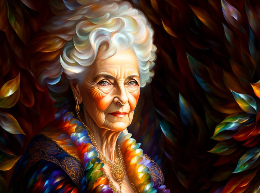 Elderly woman portrait with white hair and intense gaze in colorful attire against vibrant abstract background
