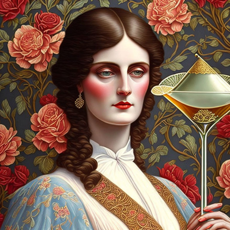 Victorian Woman Portrait with Braided Hair and Golden Goblet