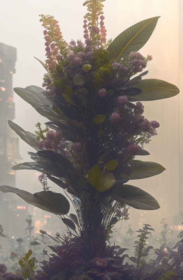 Floral arrangement with foggy cityscape backdrop in warm light