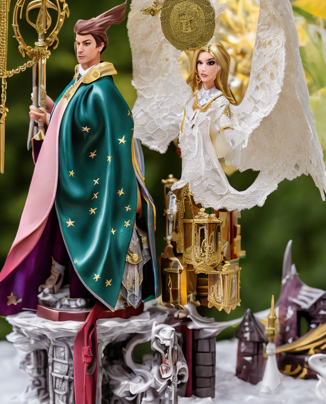 Ornate medieval-inspired dolls on castle-themed stand in greenery background