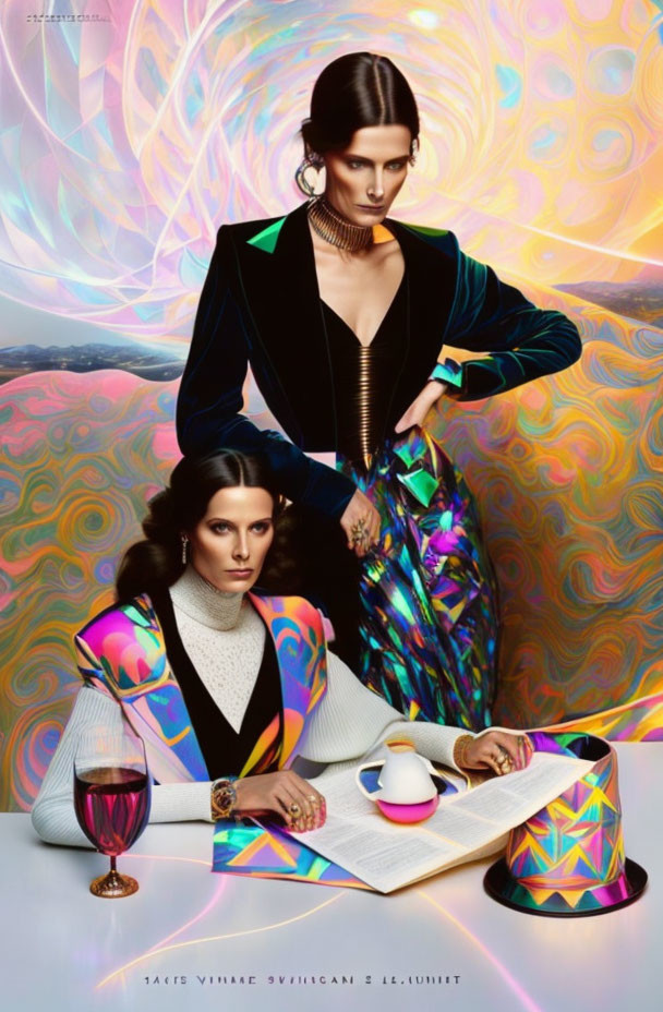 Two Women in Colorful Outfits Against Psychedelic Background
