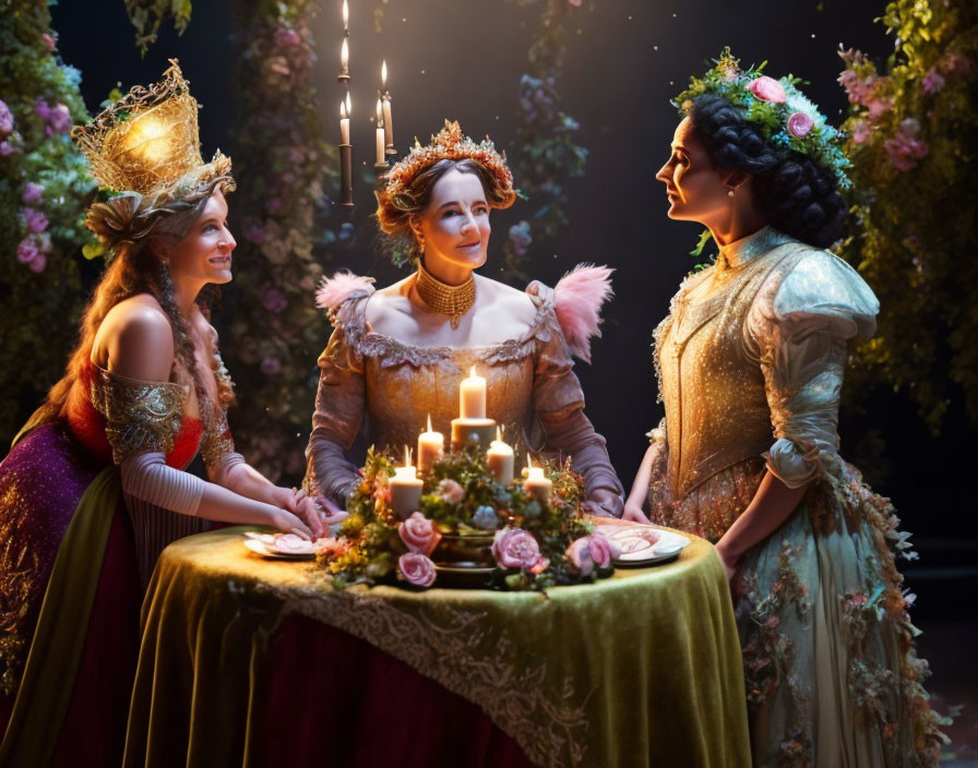 Three women in historical dresses chatting at candlelit table