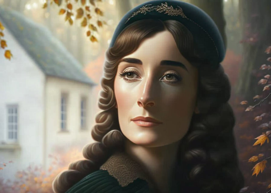 Digital painting of woman with wavy hair in blue beret, gazing pensively in autumn scene