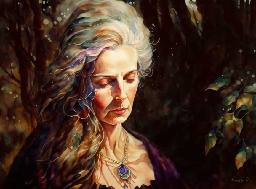 Contemplative older woman with silver hair in purple garment in autumnal forest