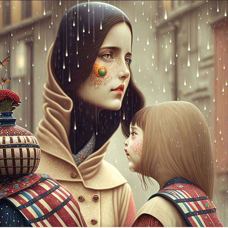 Illustration of woman and child in matching outfits with face paint, standing in rain
