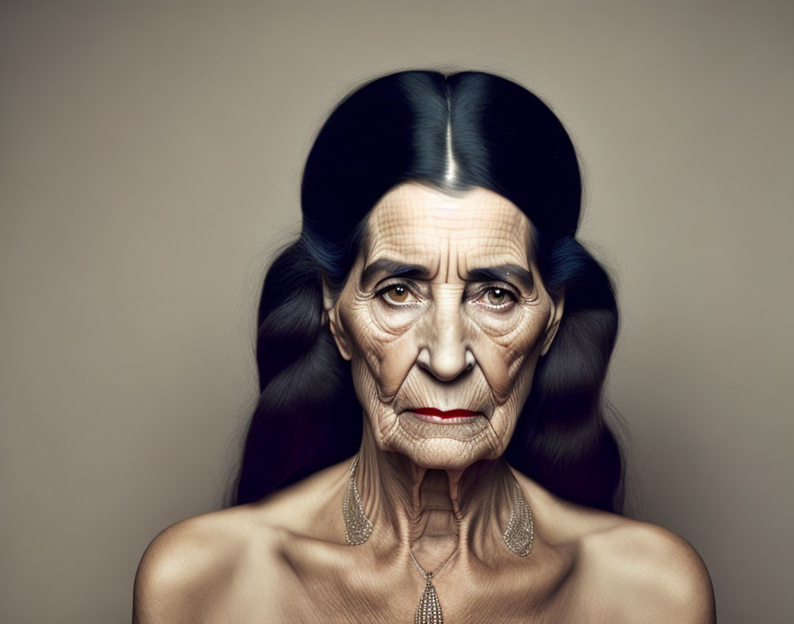 Elderly Woman Portrait with Dark Braided Hair and Wrinkles