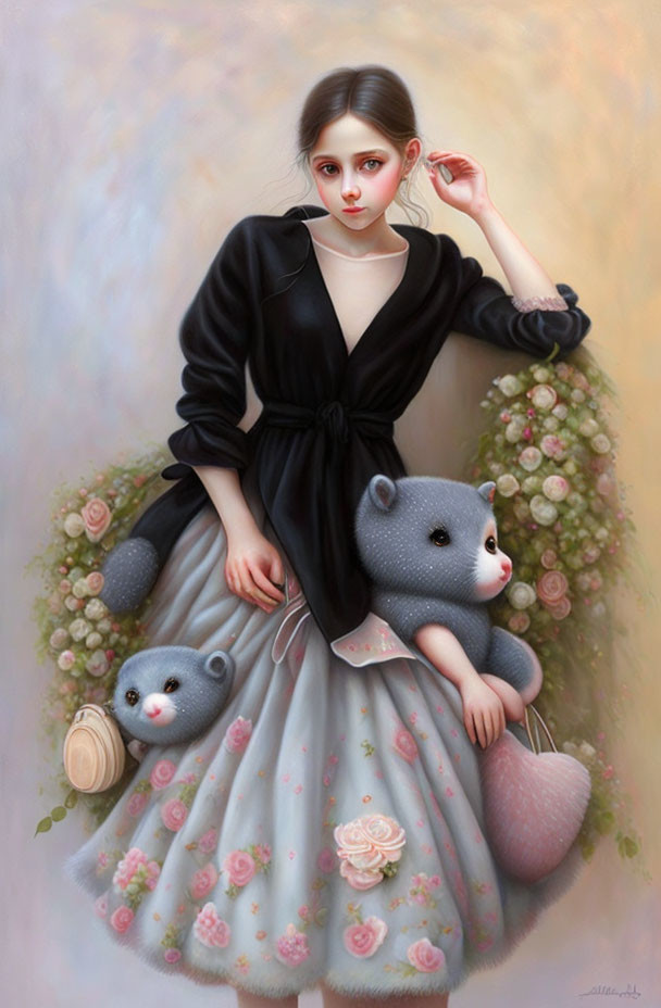 Surreal illustration of woman in floral dress with bear companions among roses