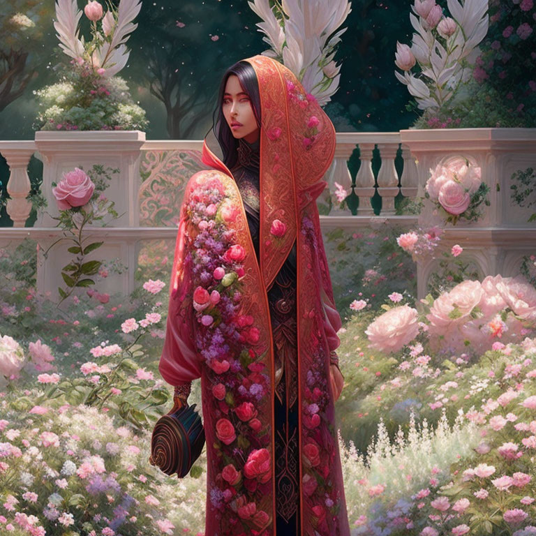 Woman in Red Cloak Surrounded by Pink Flowers in Lush Garden