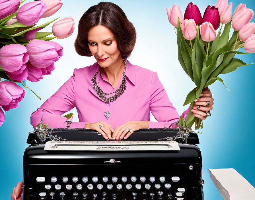 Woman in pink outfit typing on vintage black typewriter with pink tulips bouquet against blue background