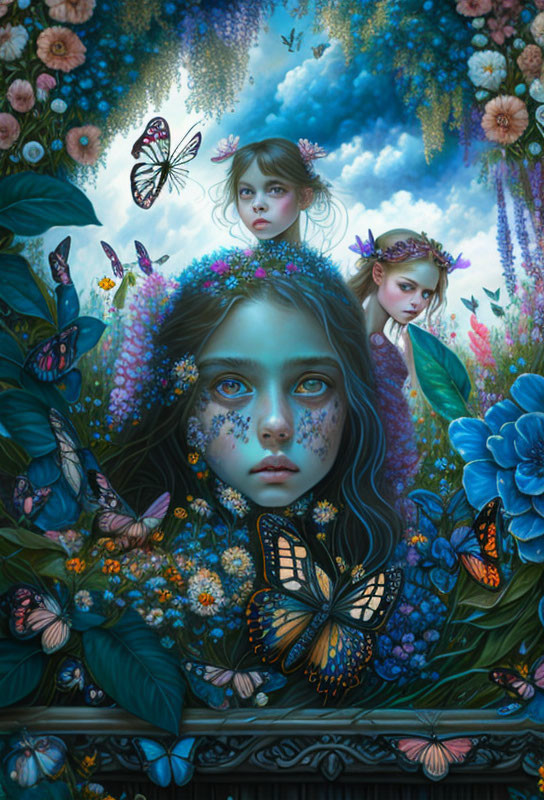 Ethereal girls with flowers and butterflies in magical setting
