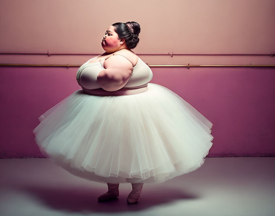 Graceful plus-size ballerina in white tutu and pointe shoes poses by ballet barre