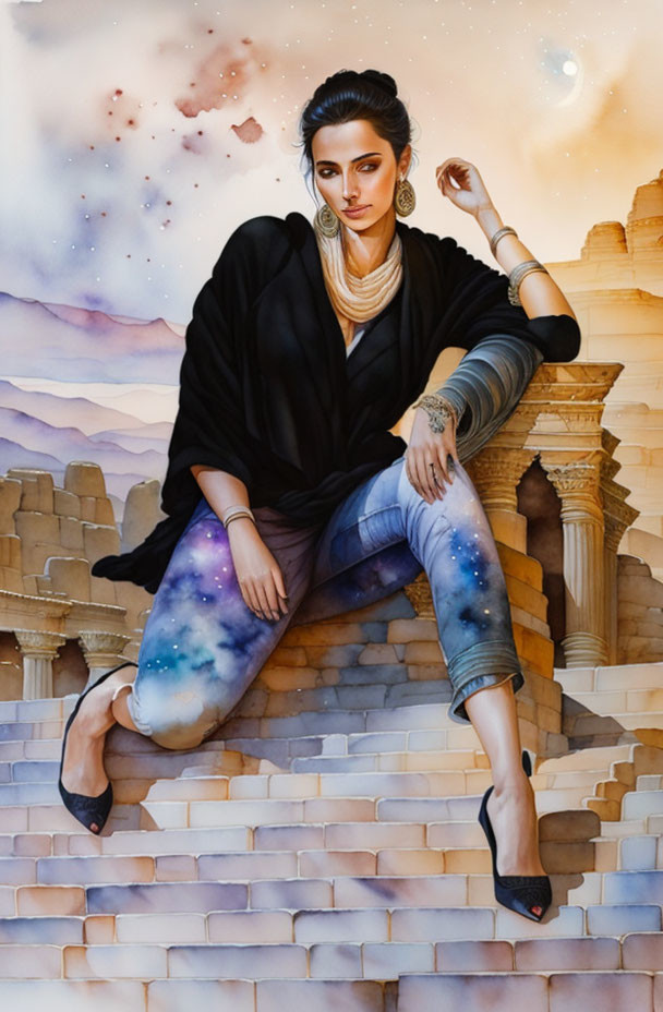 Fashionable woman in black jacket and cosmic leggings on ancient stairway with desert and starry sky.