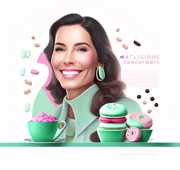 Smiling woman illustration with large eyes, green outfit, surrounded by coffee beans, pills, and mac