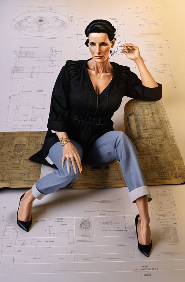 Confident woman in stylish attire sitting on architectural blueprint