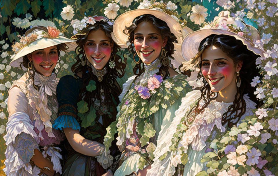 Vintage Attired Women Smiling in Floral Surroundings
