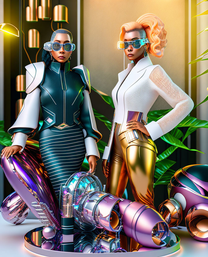 Stylized women in futuristic outfits with metallic accents among chrome motorbikes and lush greenery