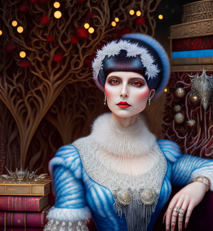 Portrait of Woman in Blue Dress with Headpiece and Book Backdrop