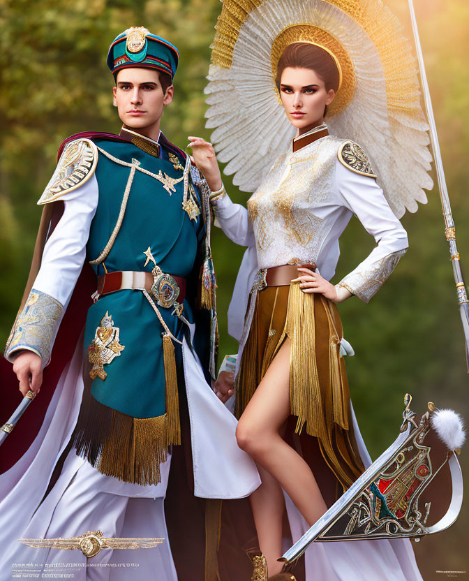 Ornate historical costumes with sword and shield in nature