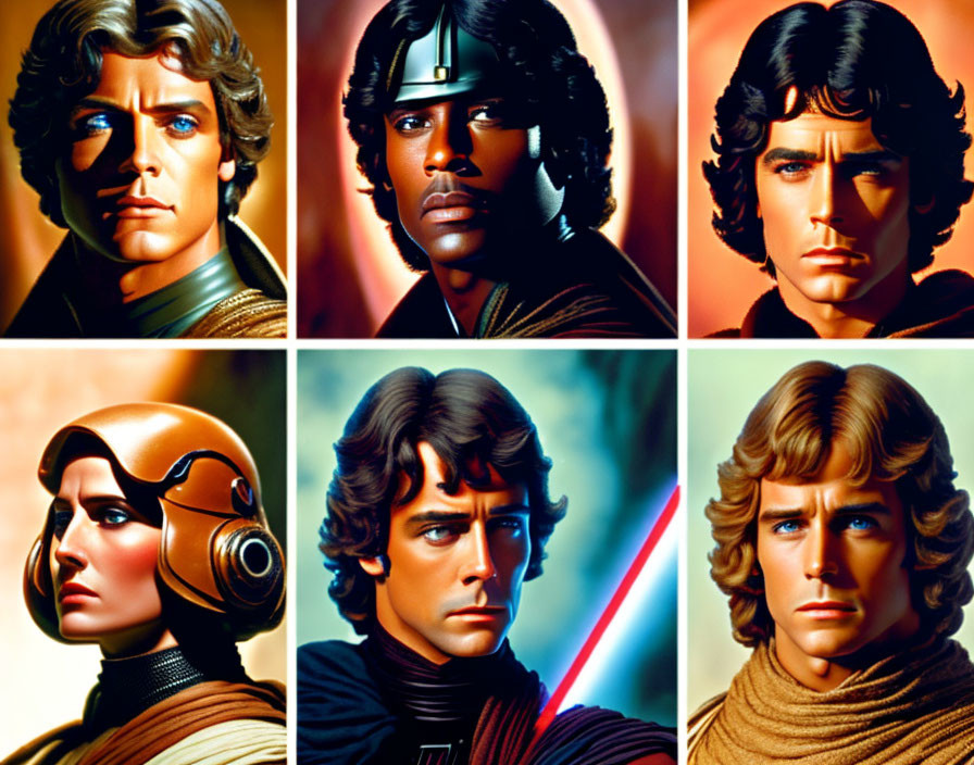 Six vibrant stylized Star Wars character portraits with lightsabers