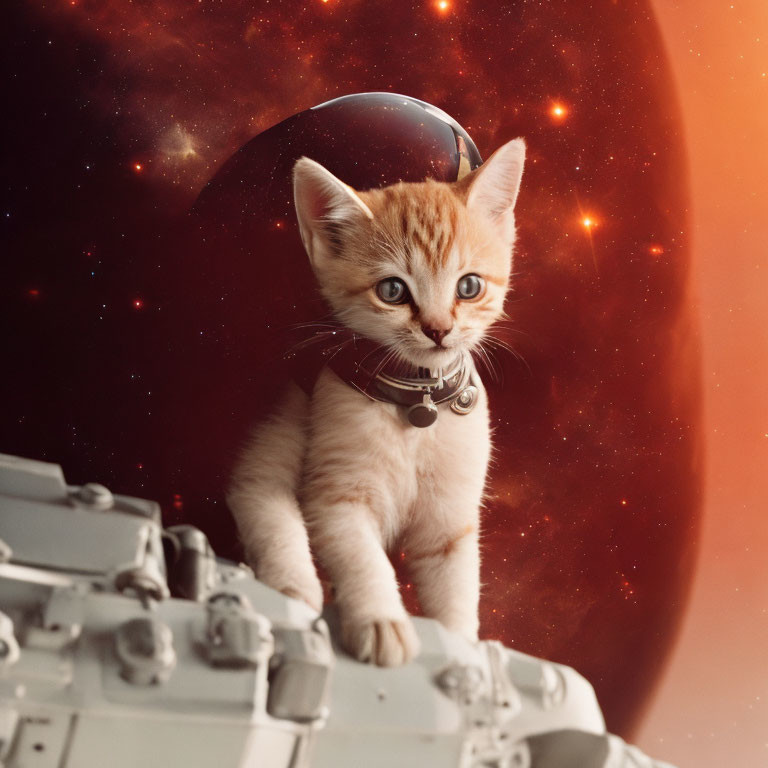Orange Kitten with Collar on Mechanical Structure Under Starry Sky