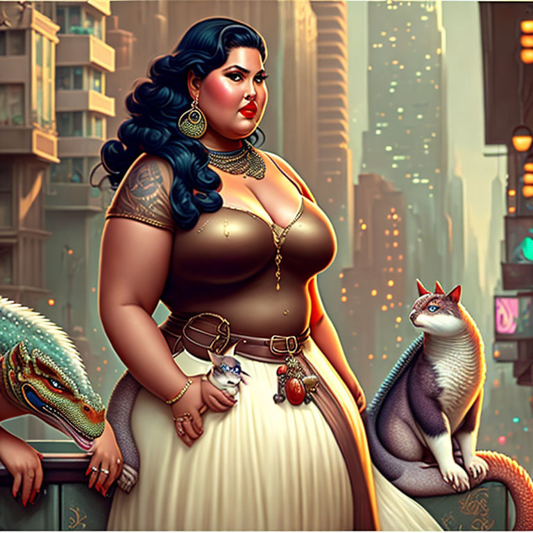 Curvy Woman with Tattoos and Exotic Creatures in Futuristic Urban Setting