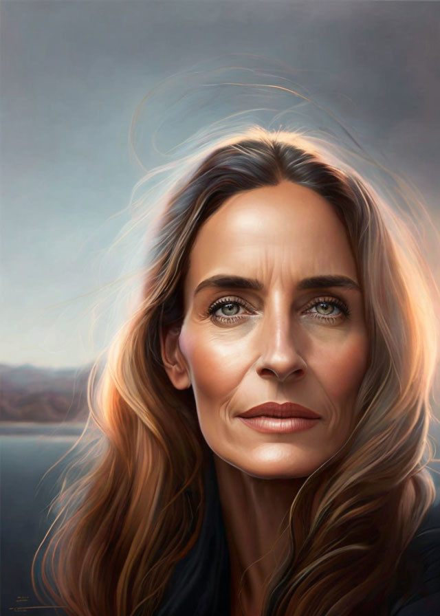 Realistic digital painting of woman with flowing hair and piercing gaze against moody landscape.