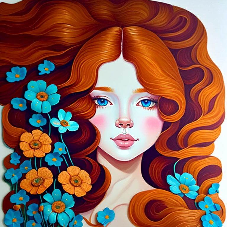 Illustrated portrait of a woman with red hair and blue flowers, expressive eyes.
