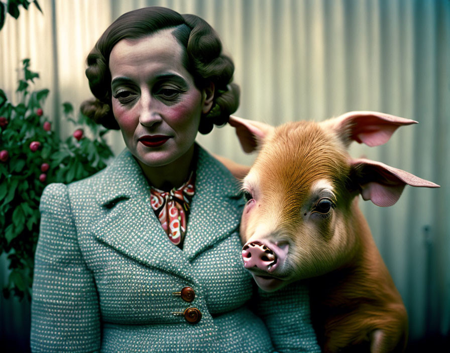 Vintage-style woman posing with piglet against corrugated backdrop