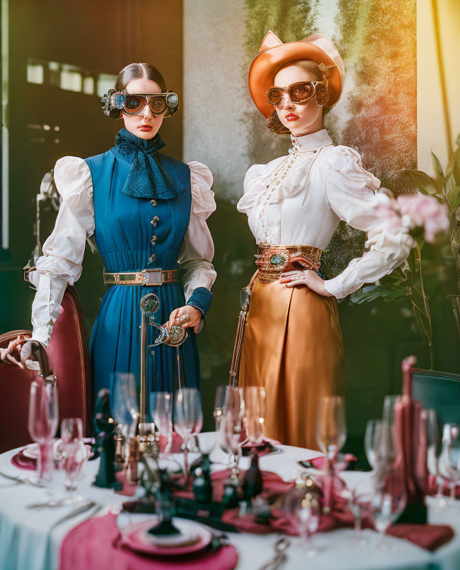 Two women in vintage steampunk outfits by a dining table