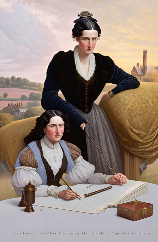 Classical portrait painting of two elegantly dressed women with landscape and writing desk.