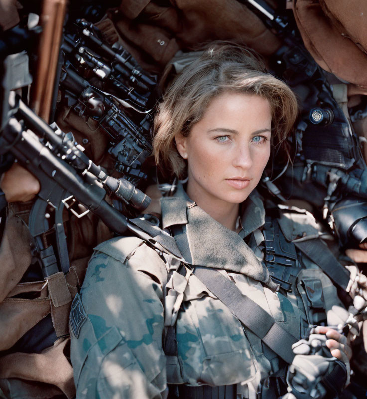 Woman in military camouflage with guns and rifles.