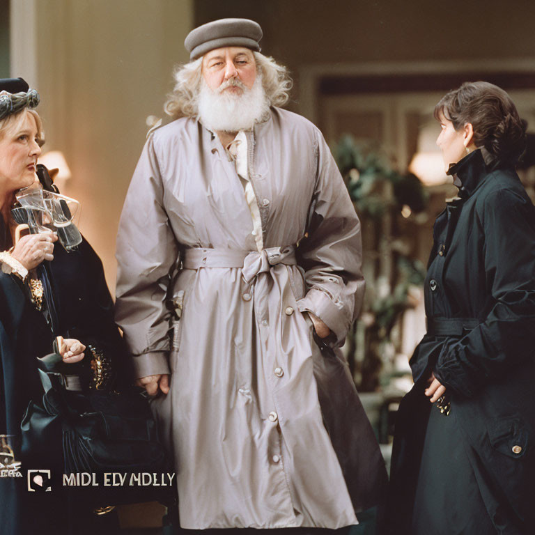 Elderly man with beard and cane in mall with two women holding wine glass