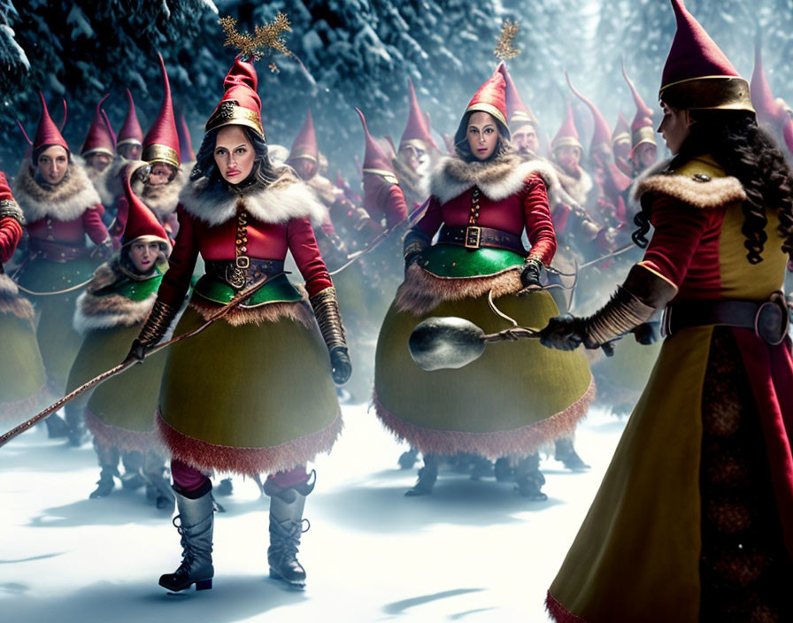 Festive elves in red and green uniforms marching in snowy forest