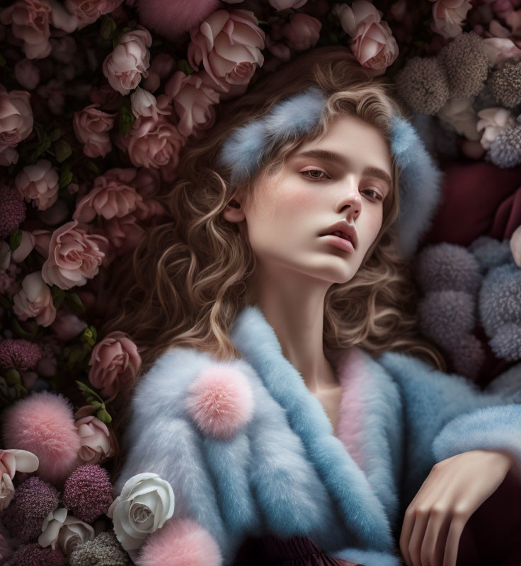 Woman with wavy hair in blue fur coat among pastel flowers