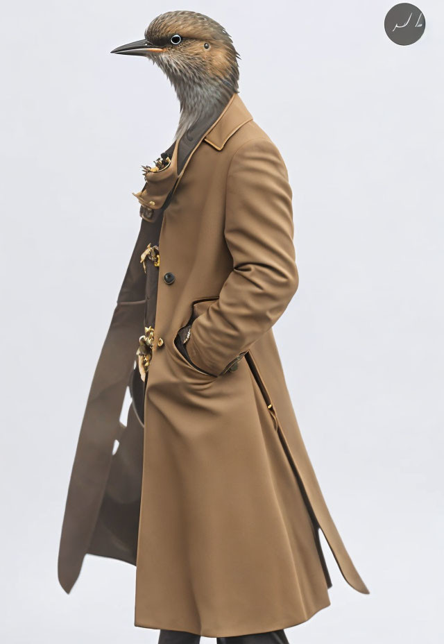 Anthropomorphic bird character in tan trench coat with golden chains posing elegantly