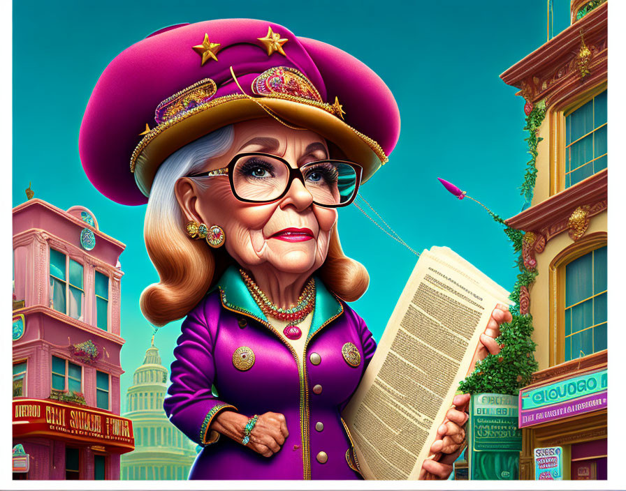 Stylized elderly woman in pink outfit reading newspaper on colorful urban street