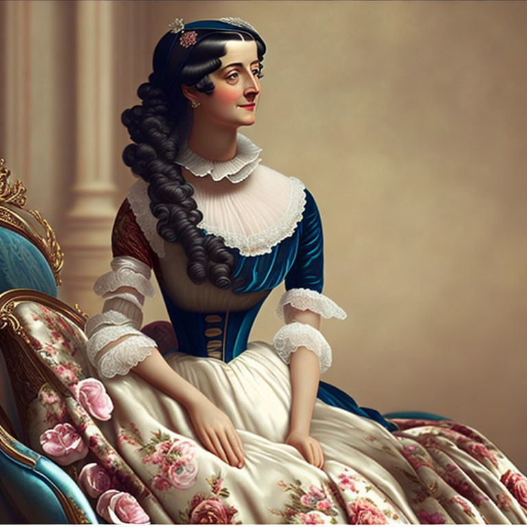Stylized portrait of woman in vintage attire with ornate braided hair