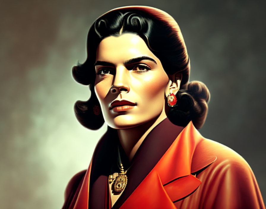 Vintage hairstyle woman in red earrings, gold necklace, and orange blazer portrait