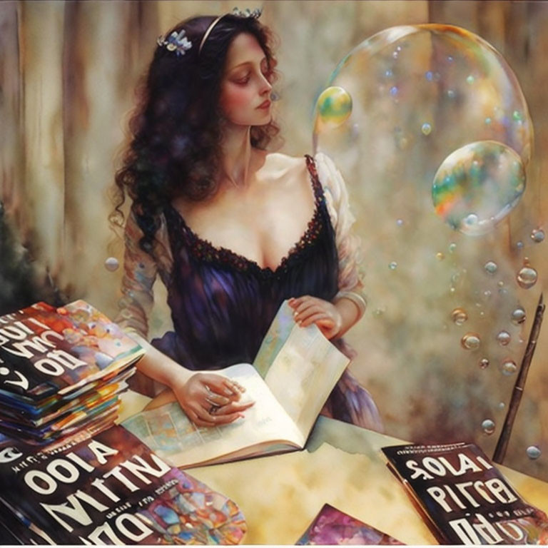 Dark-haired woman in dress gazes at floating bubble by table with books