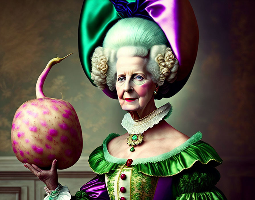 Digital art: Elderly woman in historical attire with oversized apple and snail