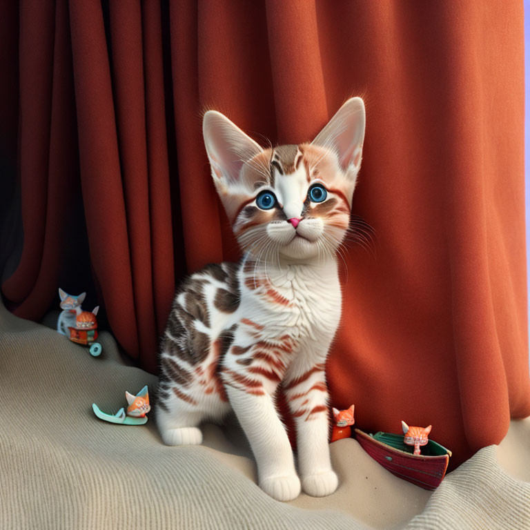 Curious kitten with blue eyes near red curtain and cat figurines
