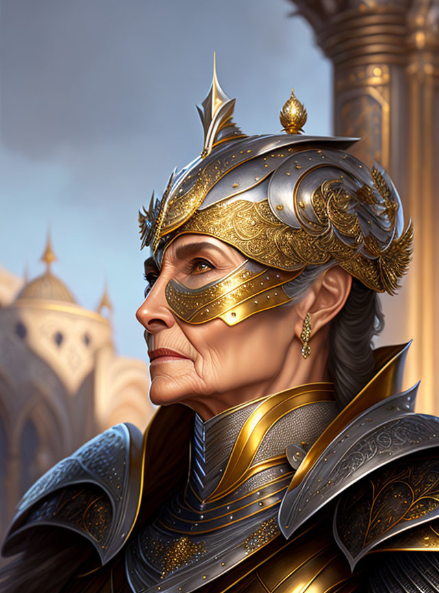 Elderly female warrior in ornate golden armor against architectural backdrop