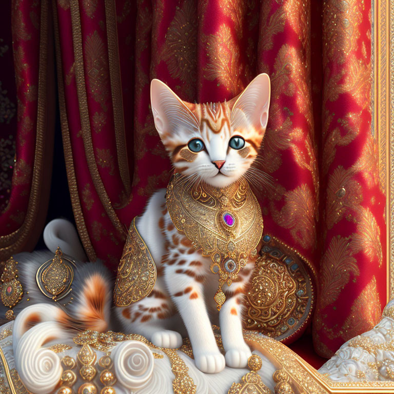 Ornately Decorated Cat with Striking Blue Eyes Against Luxurious Red Curtains