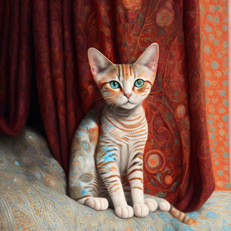 Digitally altered cat with tattoo-like patterns on fabric beside red curtain
