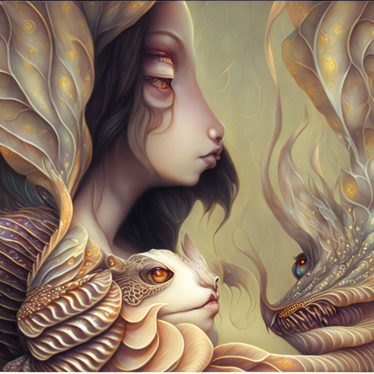 Digital Artwork: Person with Closed Eyes and Ornate Wings Holding Fantasy Dragon