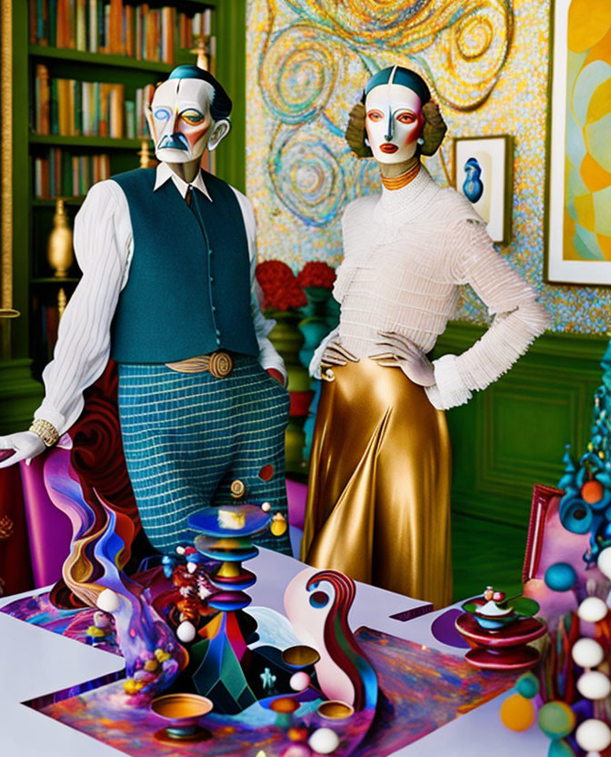 Colorful masked duo in vibrant room with abstract art