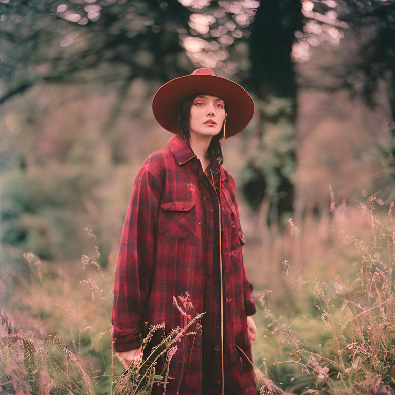 Person in Red Hat and Plaid Coat Standing in Forest Grass